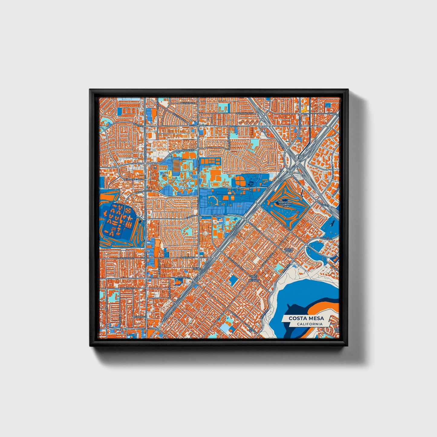 Costa Mesa California Colorful City Map Canvas Print • Black Framed