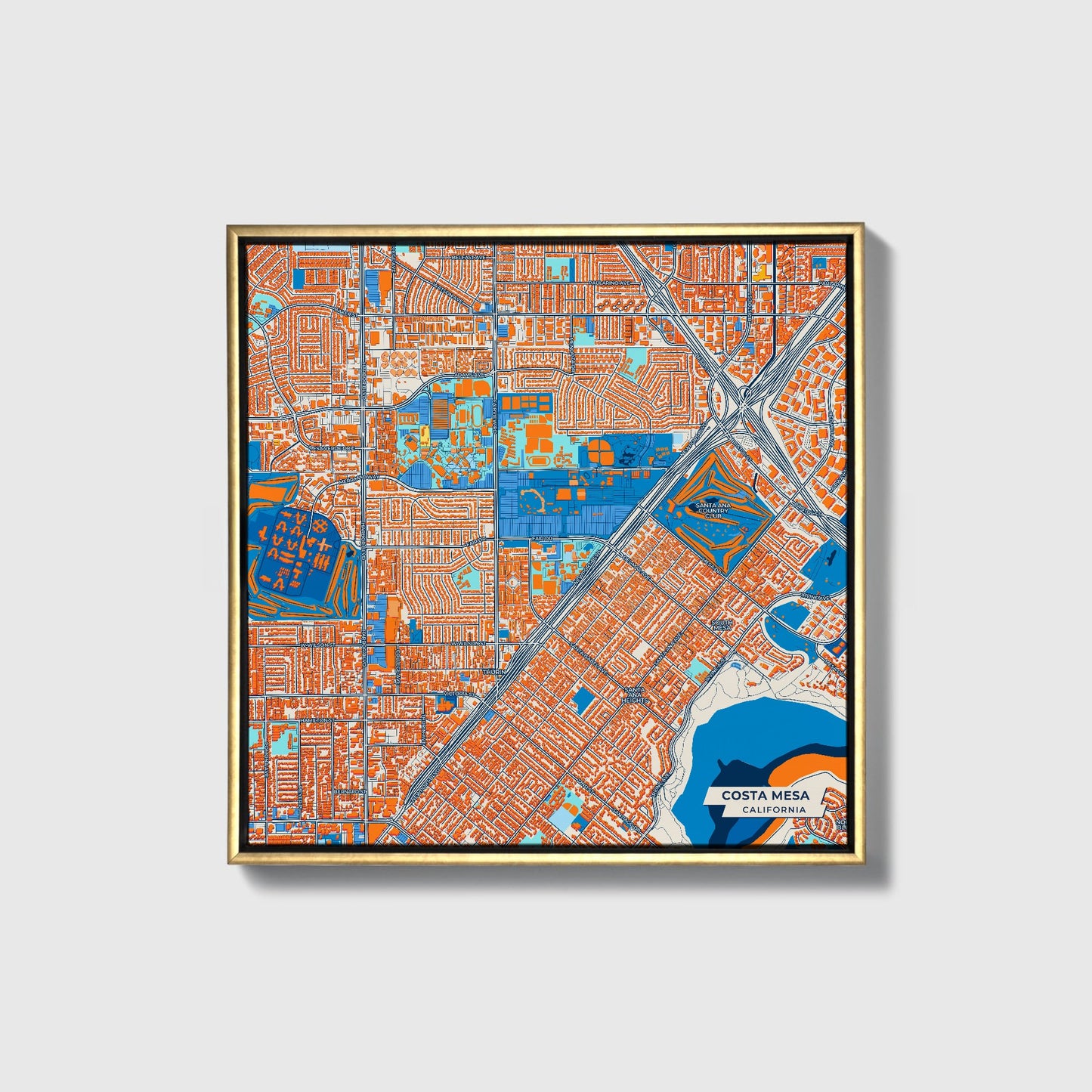 Costa Mesa California Colorful City Map Canvas Print • Gold Framed