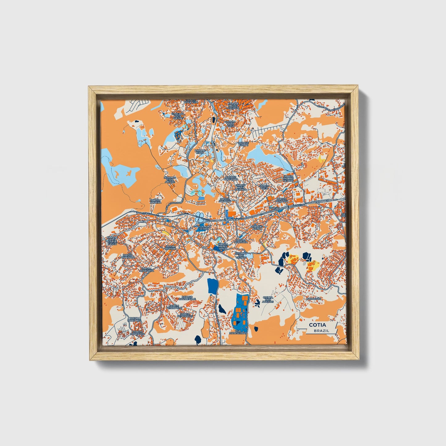 Cotia Brazil Colorful City Map Canvas Print • Natural Wooden Framed