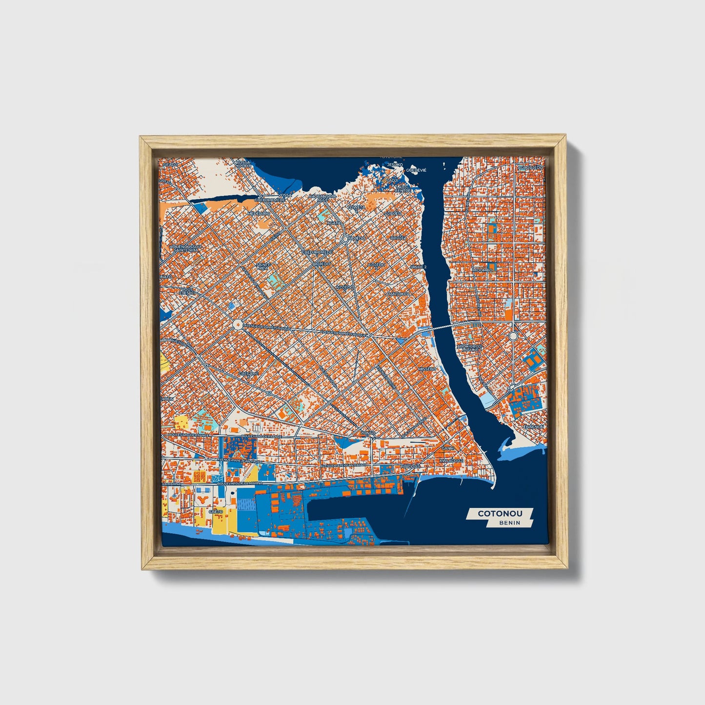 Cotonou Benin Colorful City Map Canvas Print • Natural Wooden Framed