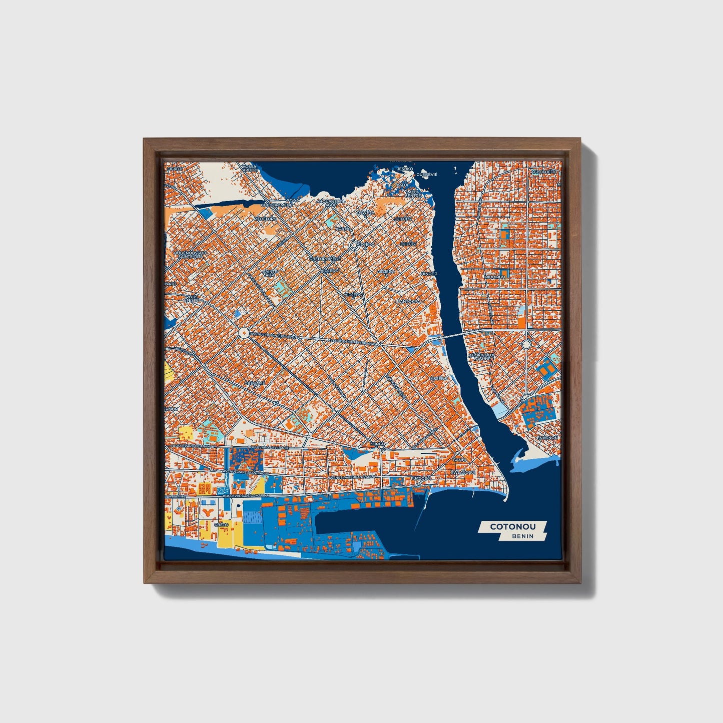 Cotonou Benin Colorful City Map Canvas Print • Dark Wooden Framed