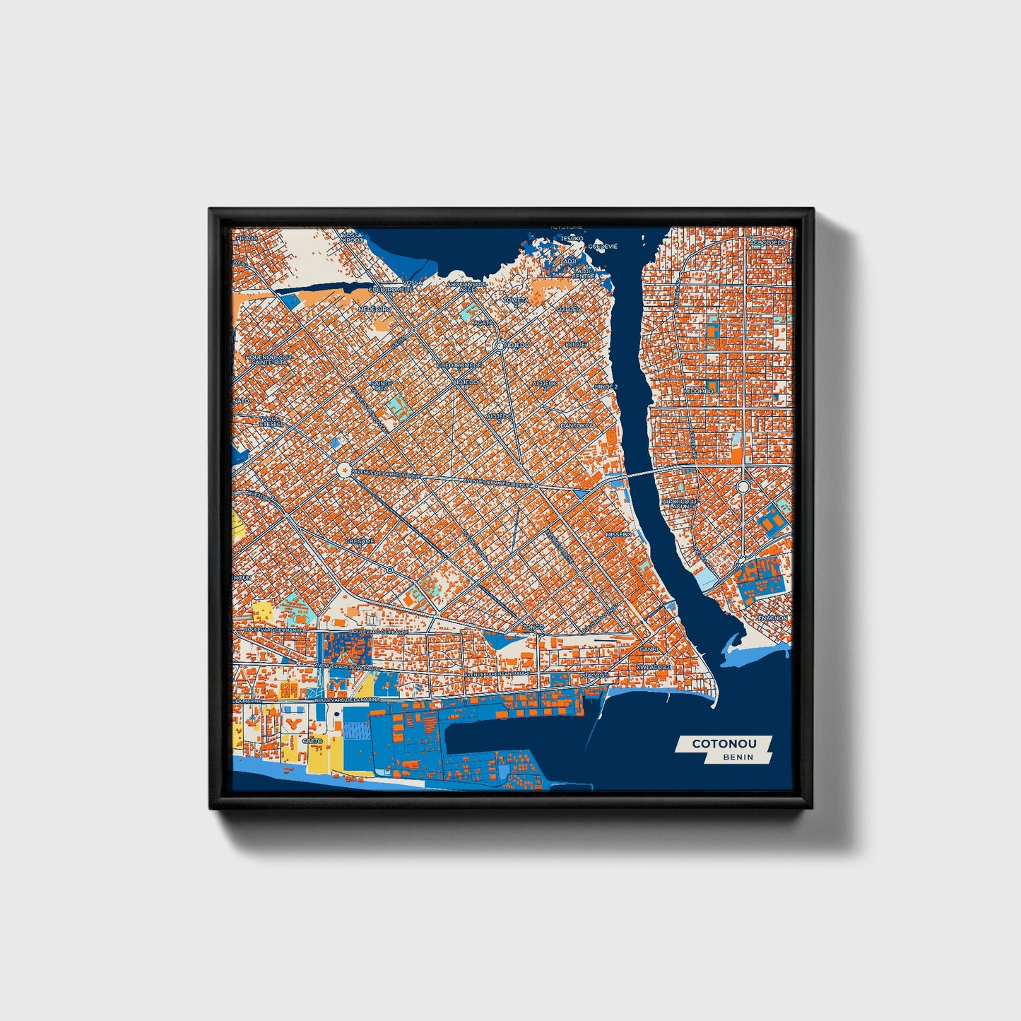 Cotonou Benin Colorful City Map Canvas Print • Black Framed