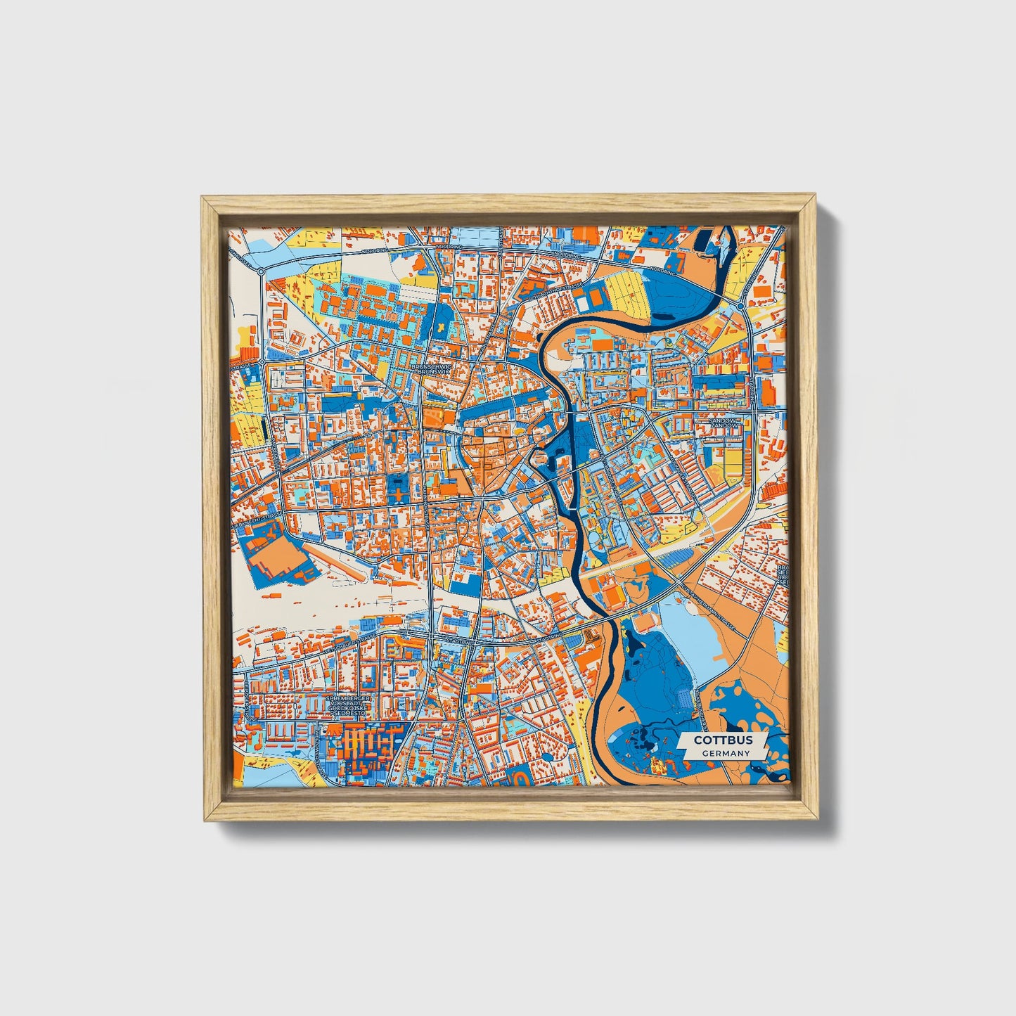 Cottbus Germany Colorful City Map Canvas Print • Natural Wooden Framed