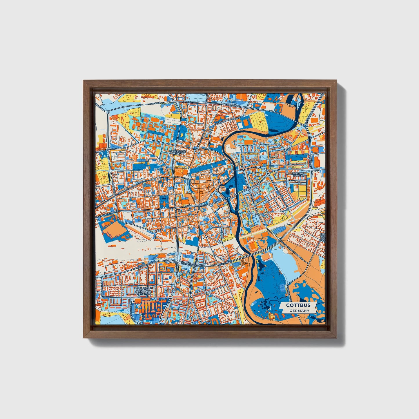 Cottbus Germany Colorful City Map Canvas Print • Dark Wooden Framed