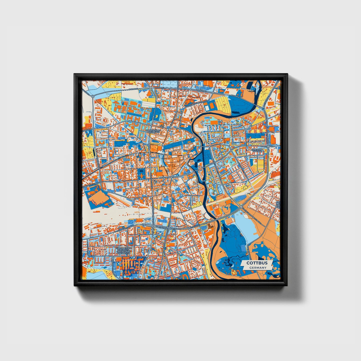 Cottbus Germany Colorful City Map Canvas Print • Black Framed