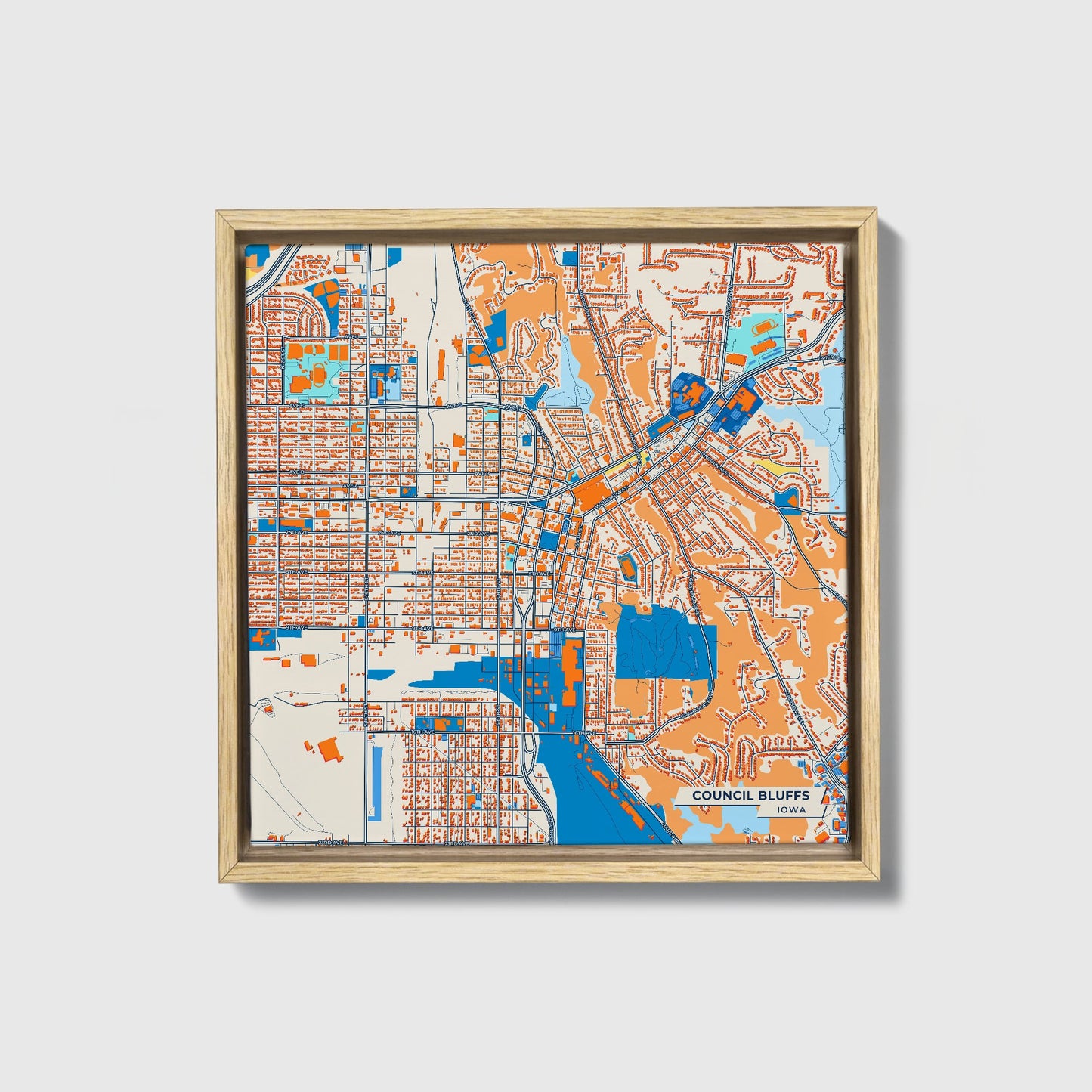 Council Bluffs Iowa Colorful City Map Canvas Print • Natural Wooden Framed