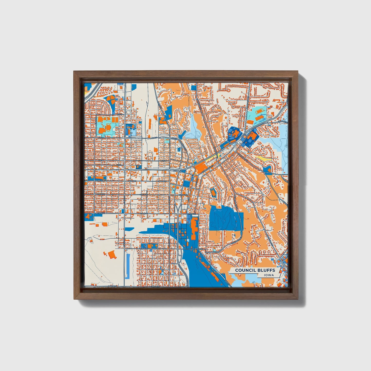 Council Bluffs Iowa Colorful City Map Canvas Print • Dark Wooden Framed