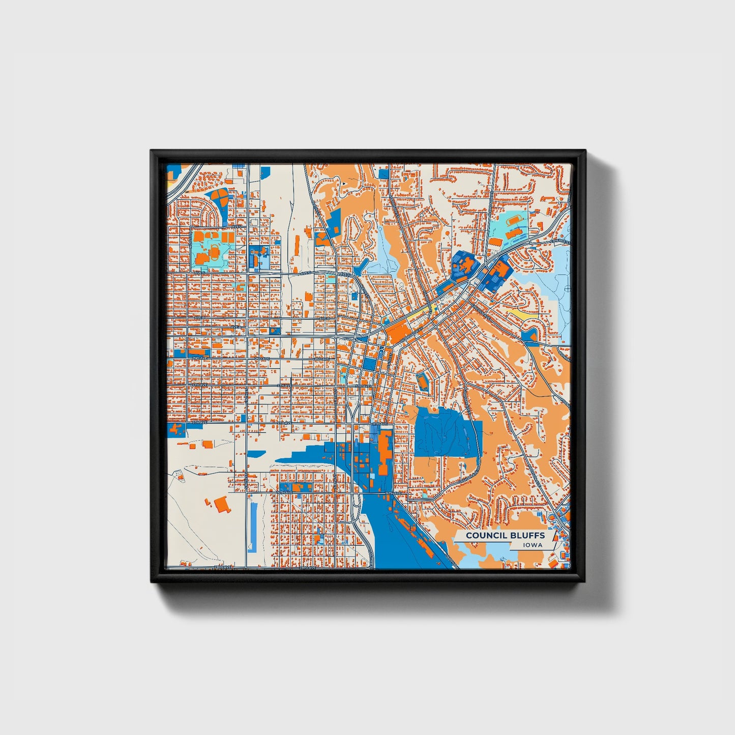 Council Bluffs Iowa Colorful City Map Canvas Print • Black Framed