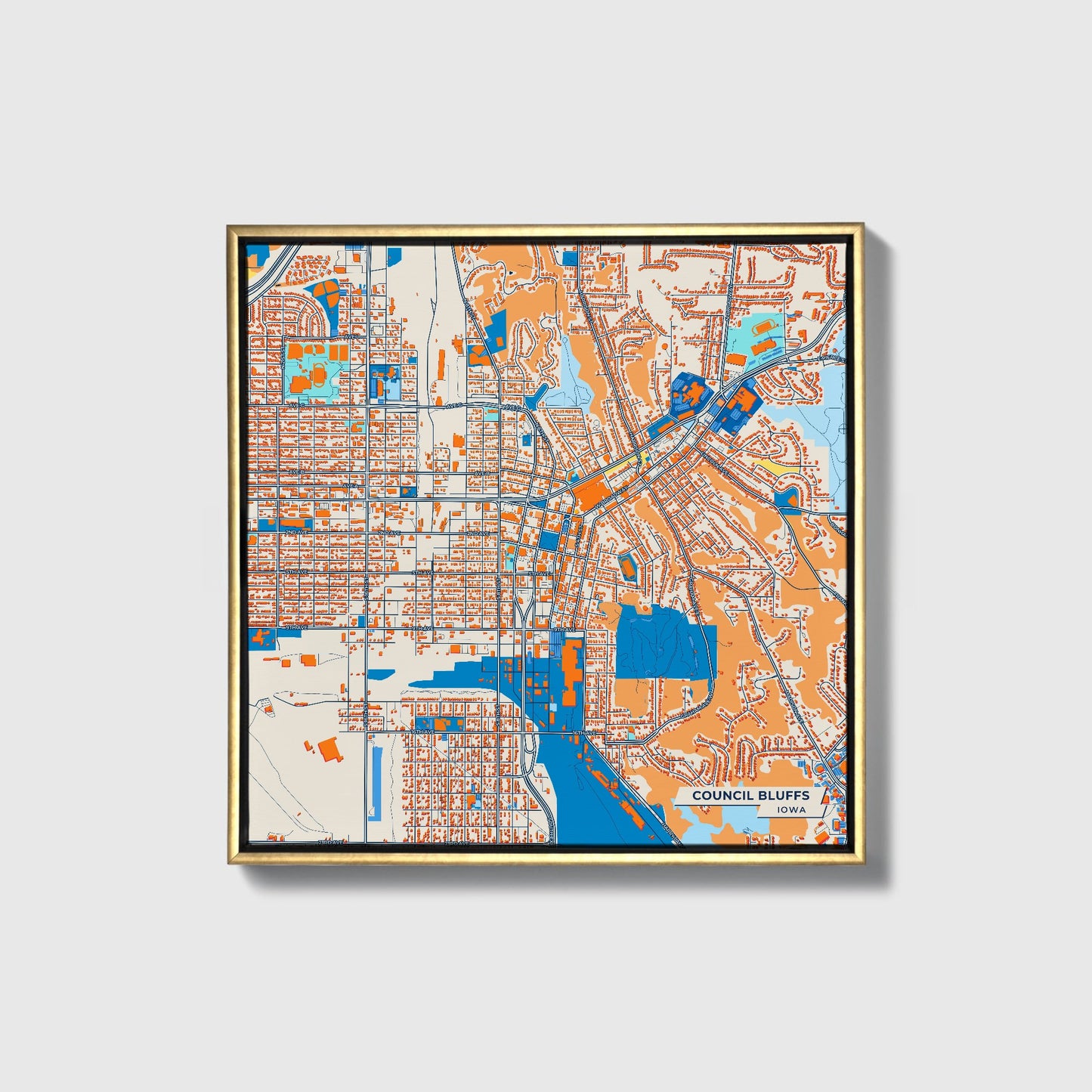 Council Bluffs Iowa Colorful City Map Canvas Print • Gold Framed