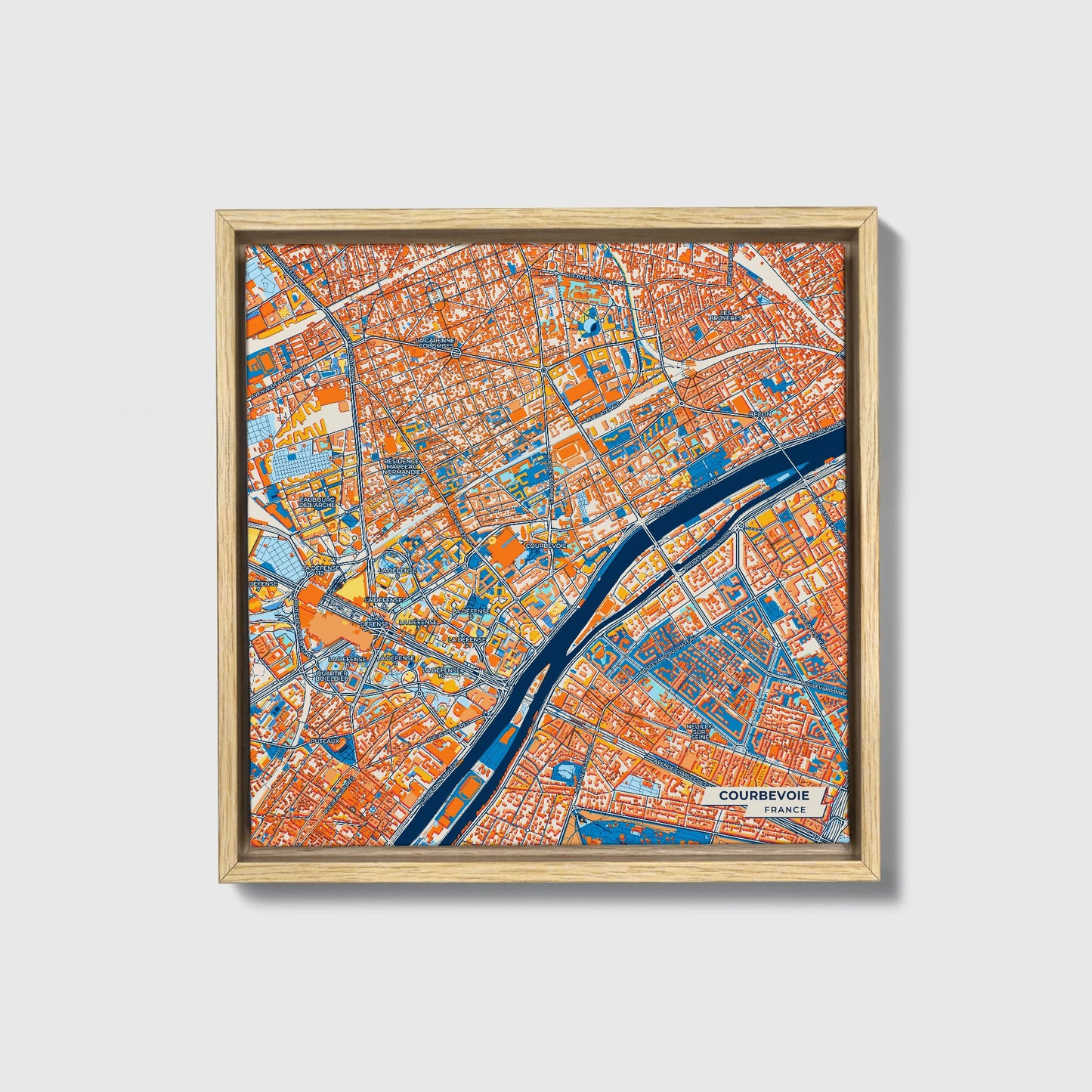 Courbevoie France Colorful City Map Canvas Print • Natural Wooden Framed