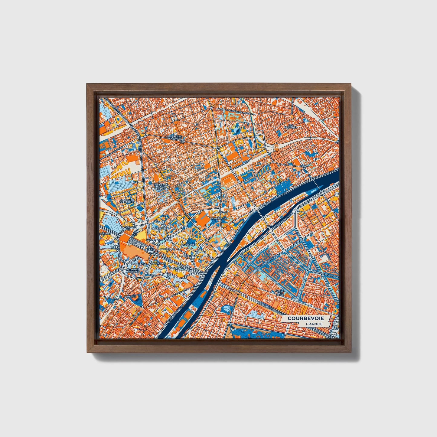 Courbevoie France Colorful City Map Canvas Print • Dark Wooden Framed