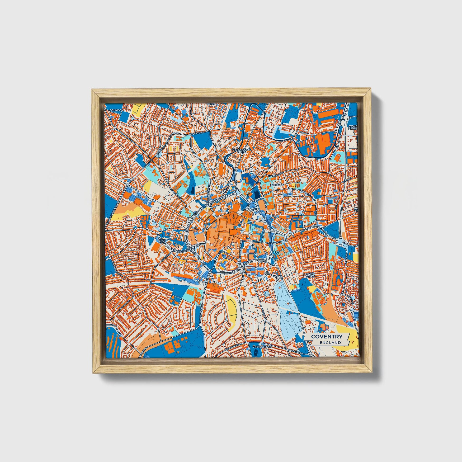 Coventry England Colorful City Map Canvas Print • Natural Wooden Framed