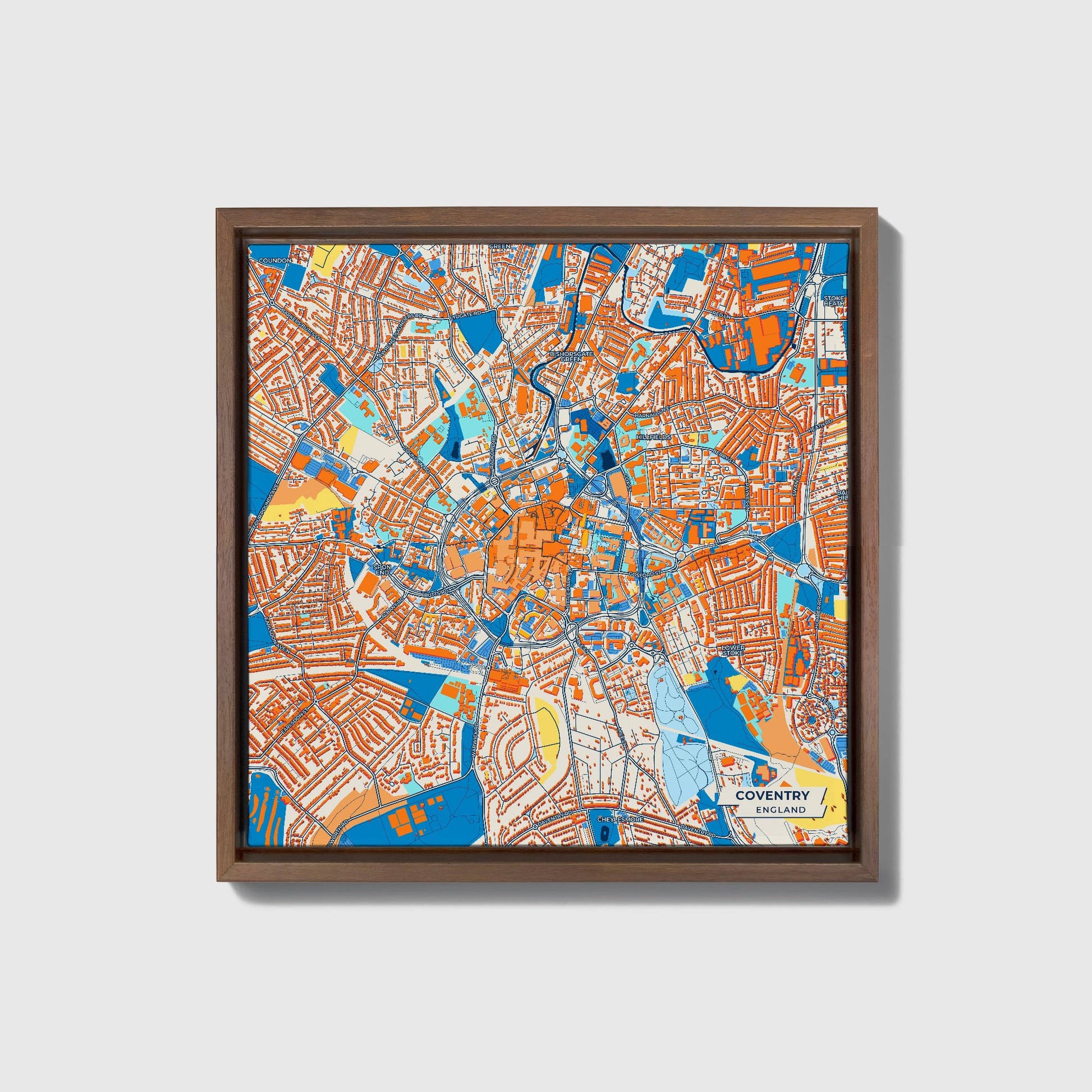 Coventry England Colorful City Map Canvas Print • Dark Wooden Framed