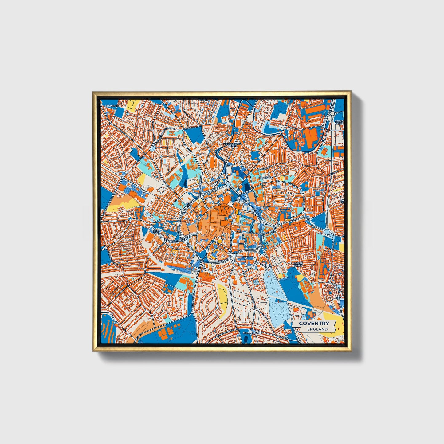 Coventry England Colorful City Map Canvas Print • Gold Framed