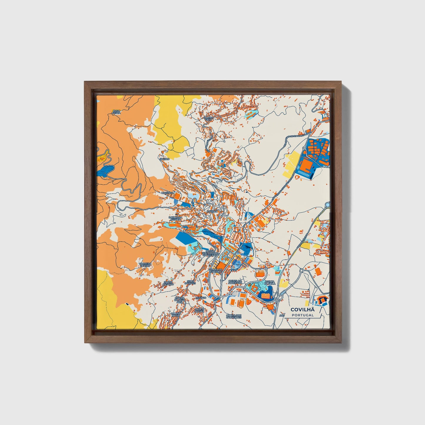 Covilhã Portugal Colorful City Map Canvas Print • Dark Wooden Framed