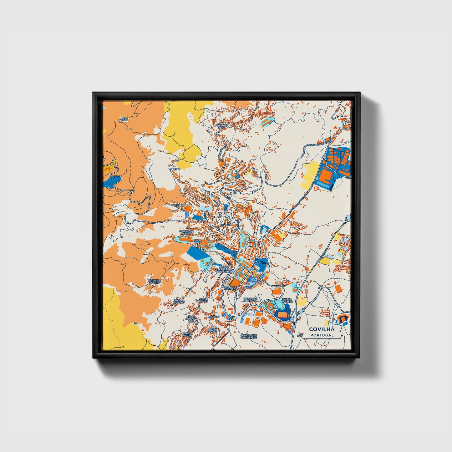 Covilhã Portugal Colorful City Map Canvas Print • Black Framed