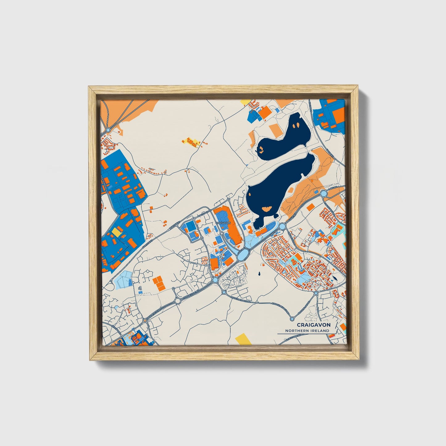 Craigavon Northern Ireland Colorful City Map Canvas Print • Natural Wooden Framed