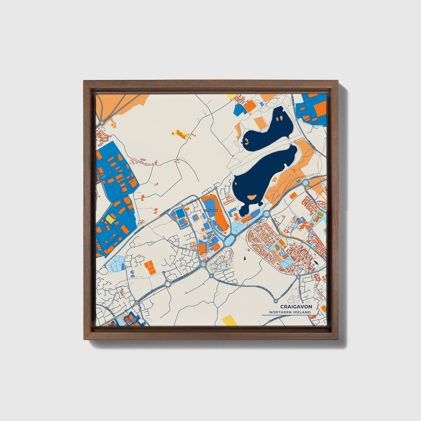 Craigavon Northern Ireland Colorful City Map Canvas Print • Dark Wooden Framed