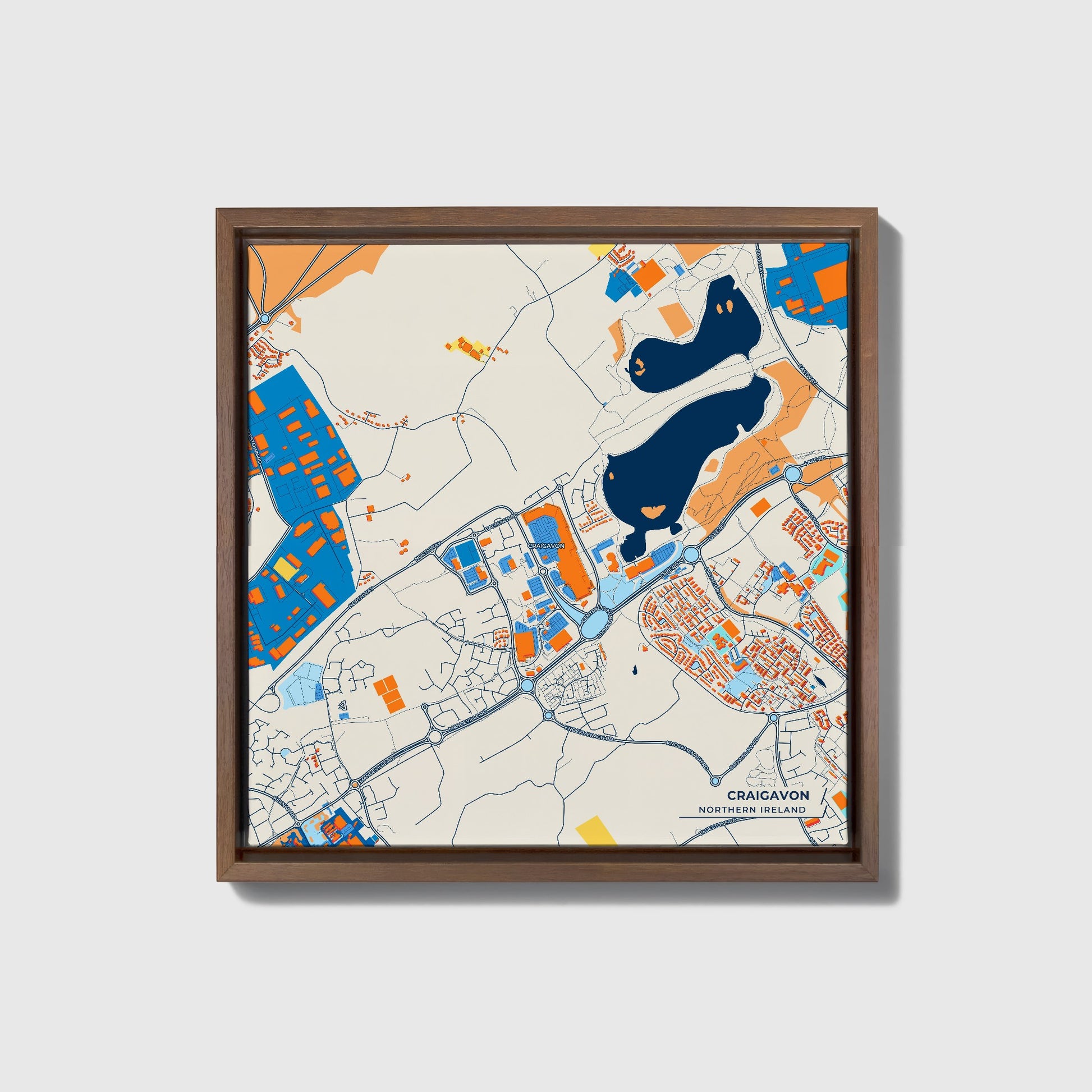 Craigavon Northern Ireland Colorful City Map Canvas Print • Dark Wooden Framed