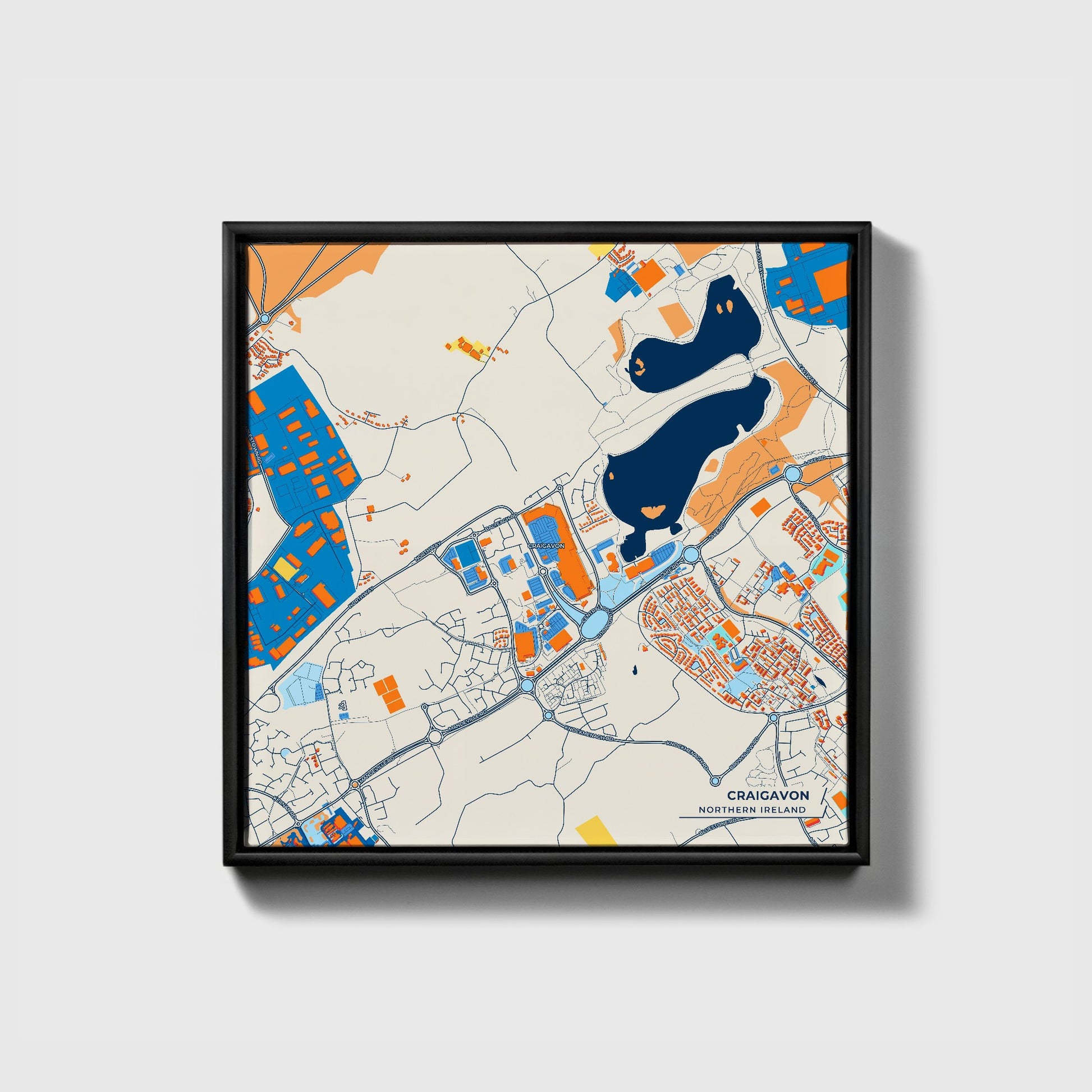 Craigavon Northern Ireland Colorful City Map Canvas Print • Black Framed