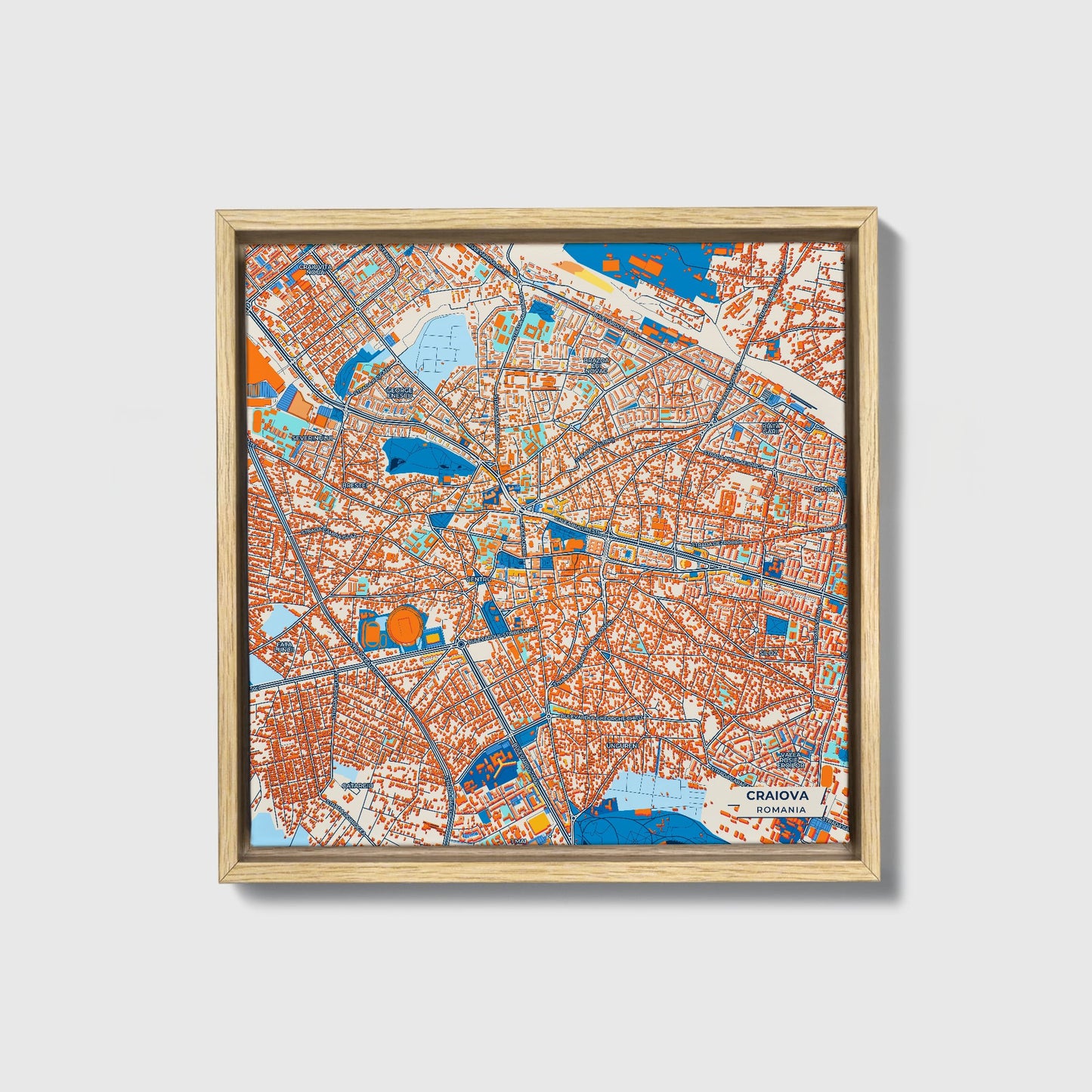 Craiova Romania Colorful City Map Canvas Print • Natural Wooden Framed