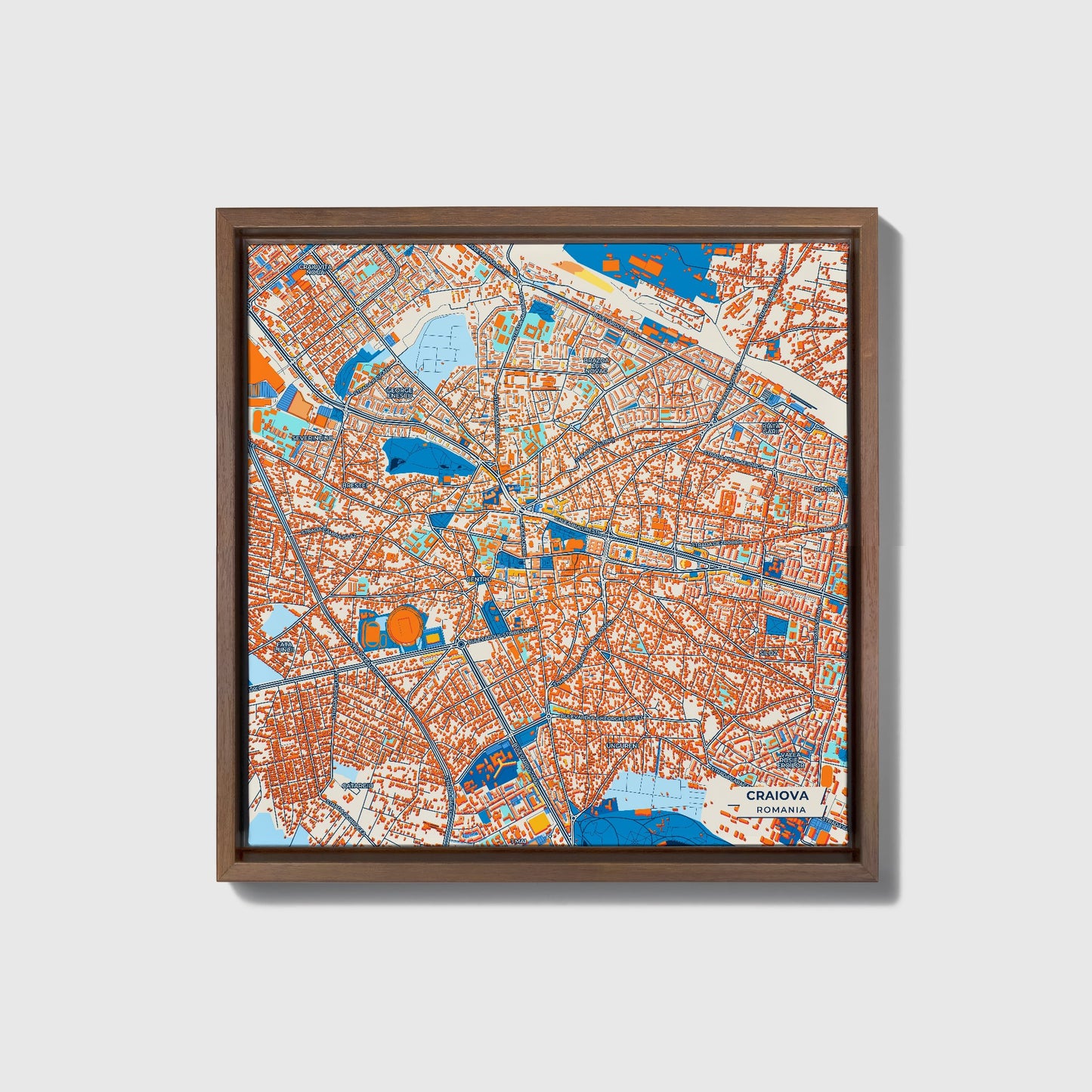 Craiova Romania Colorful City Map Canvas Print • Dark Wooden Framed