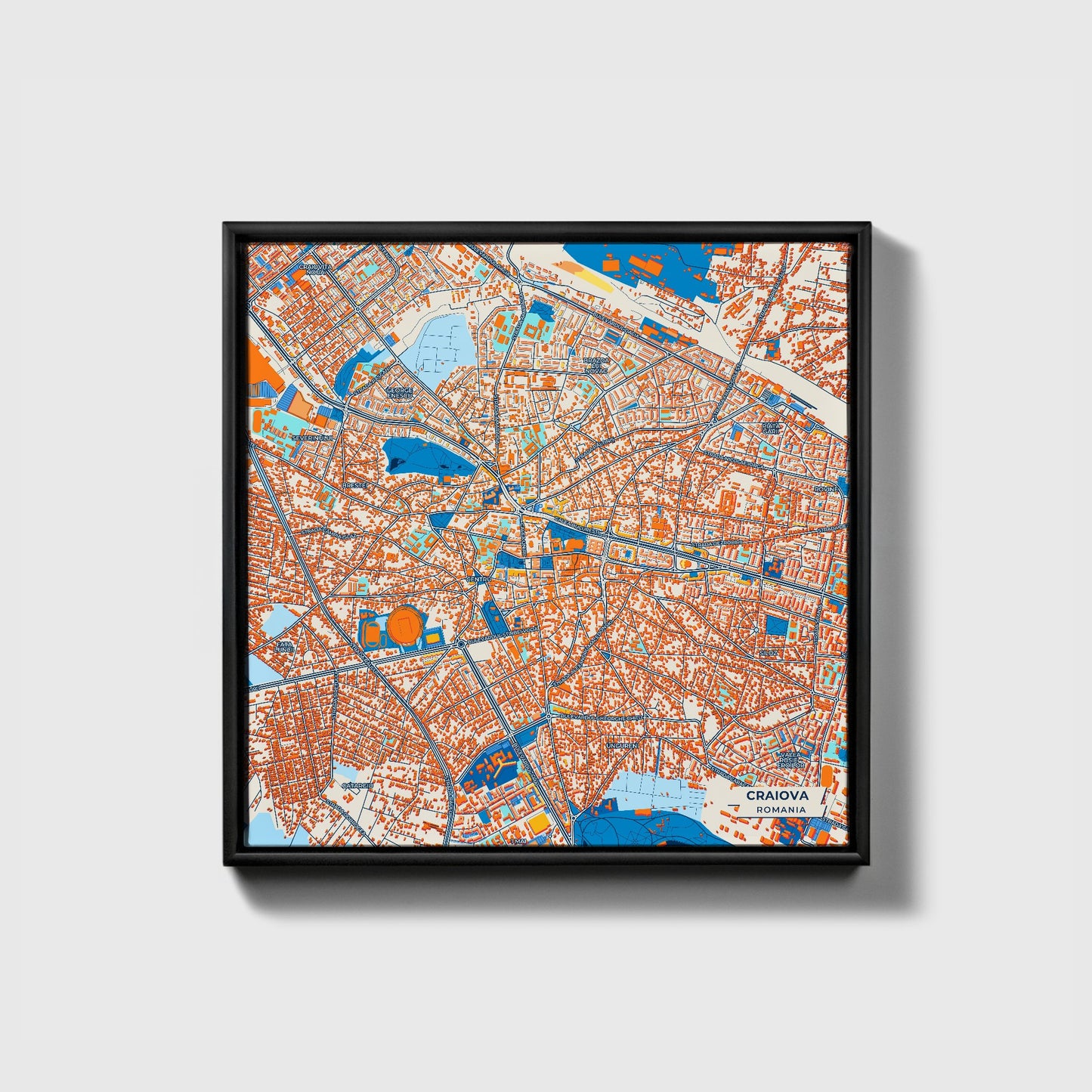 Craiova Romania Colorful City Map Canvas Print • Black Framed