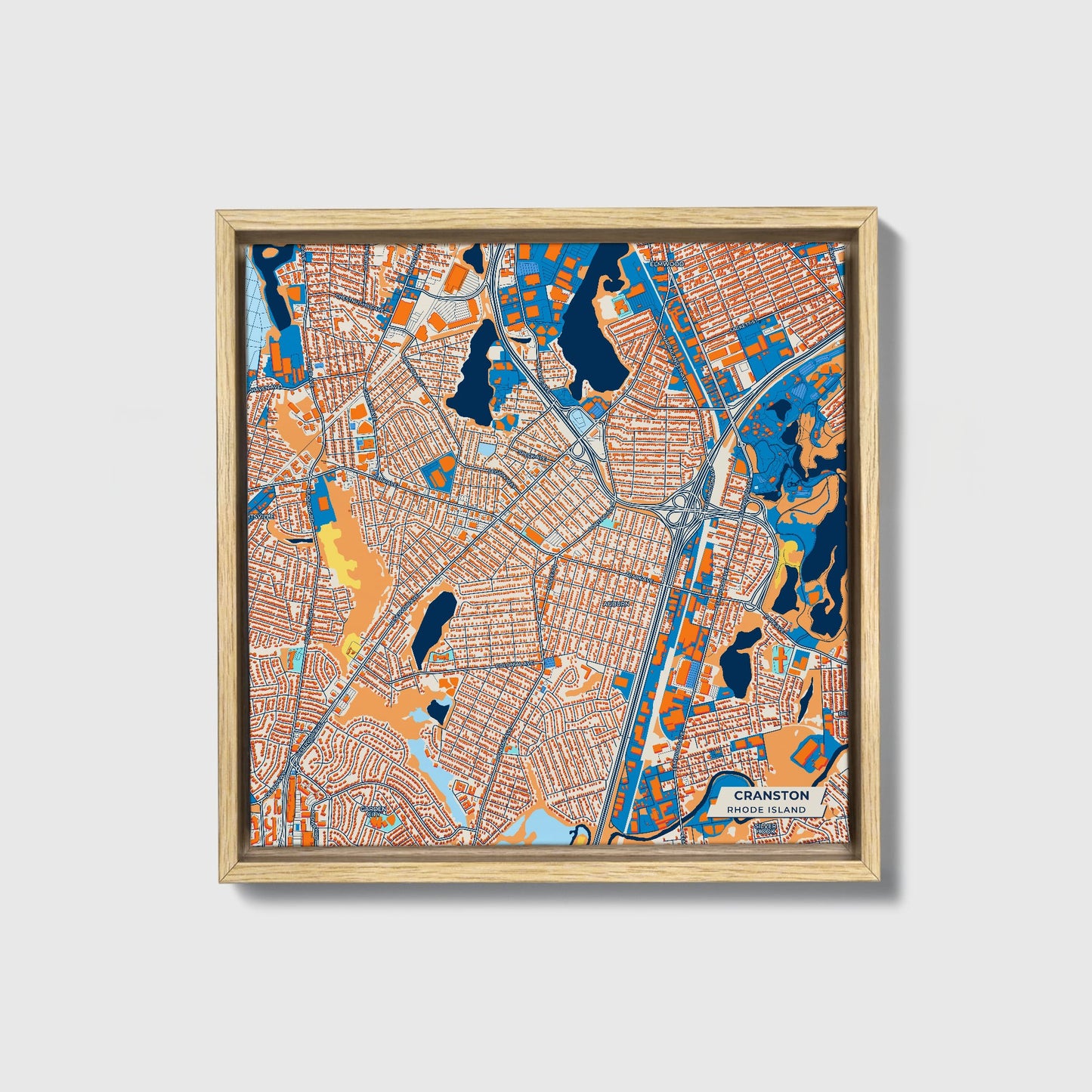Cranston Rhode Island Colorful City Map Canvas Print • Natural Wooden Framed