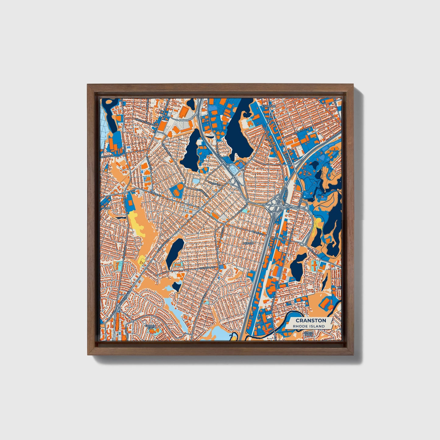 Cranston Rhode Island Colorful City Map Canvas Print • Dark Wooden Framed