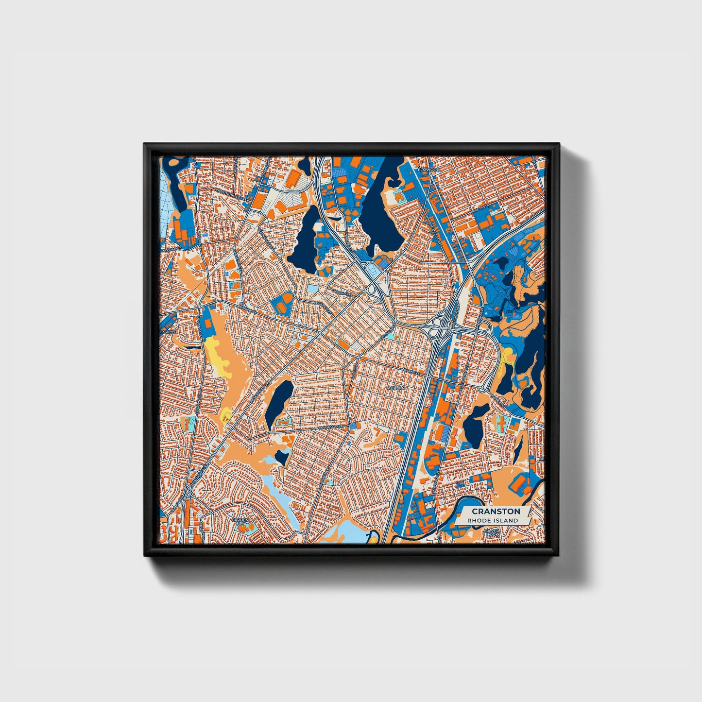 Cranston Rhode Island Colorful City Map Canvas Print • Black Framed