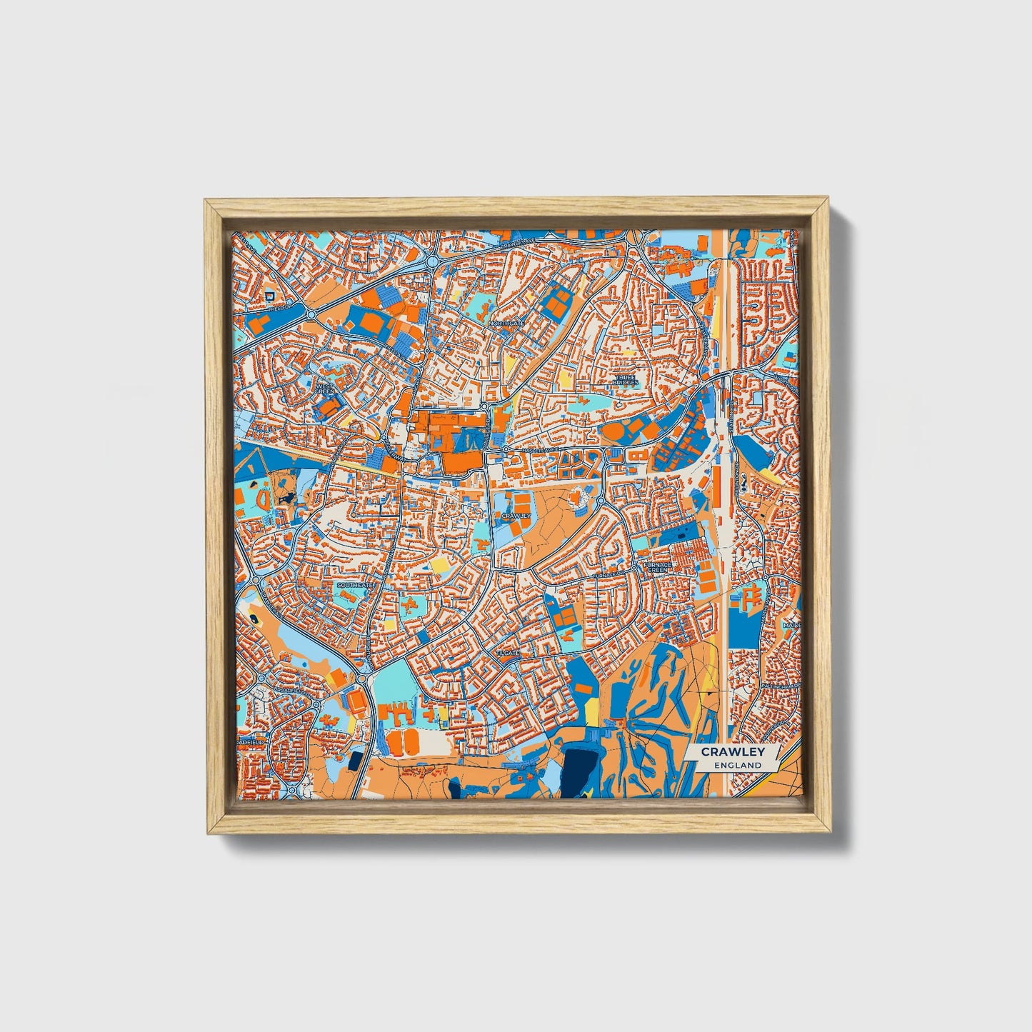 Crawley England Colorful City Map Canvas Print • Natural Wooden Framed