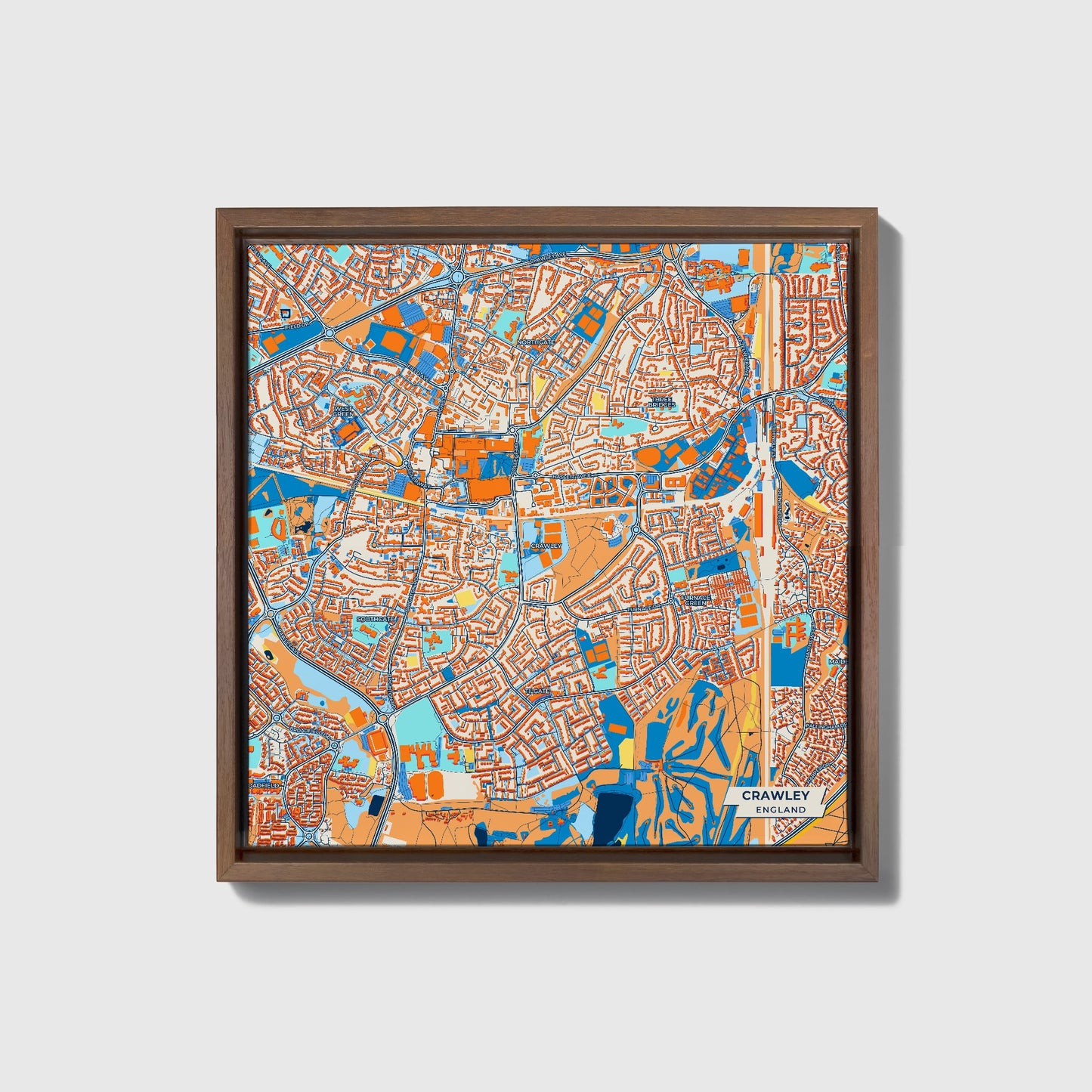 Crawley England Colorful City Map Canvas Print • Dark Wooden Framed
