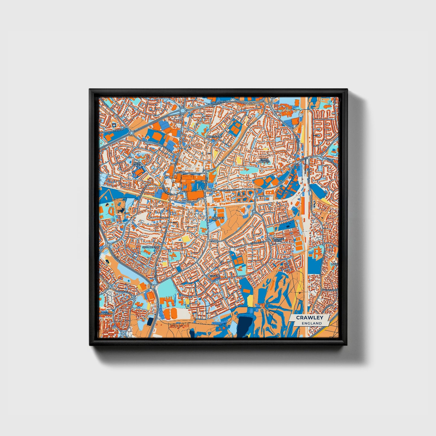 Crawley England Colorful City Map Canvas Print • Black Framed