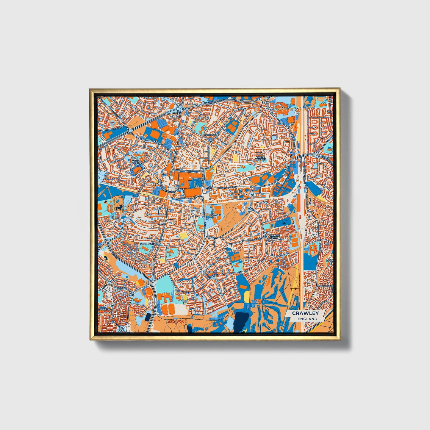 Crawley England Colorful City Map Canvas Print • Gold Framed