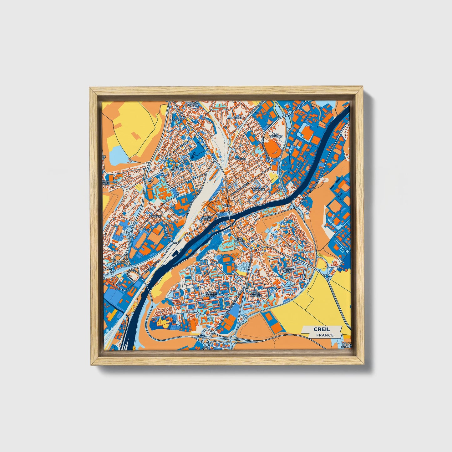 Creil France Colorful City Map Canvas Print • Natural Wooden Framed