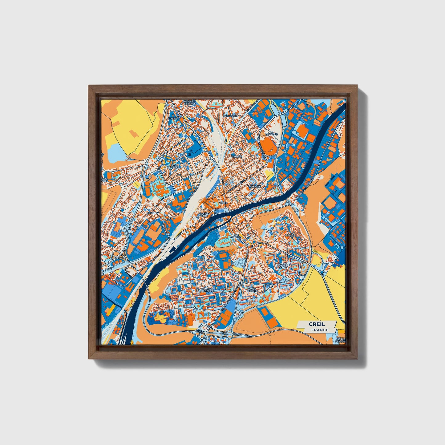 Creil France Colorful City Map Canvas Print • Dark Wooden Framed
