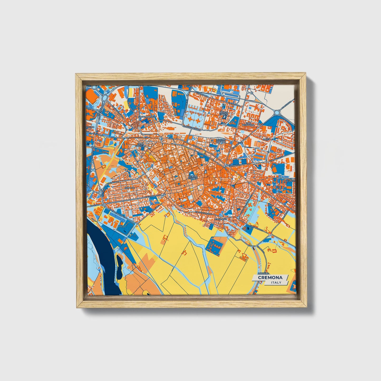 Cremona Italy Colorful City Map Canvas Print • Natural Wooden Framed