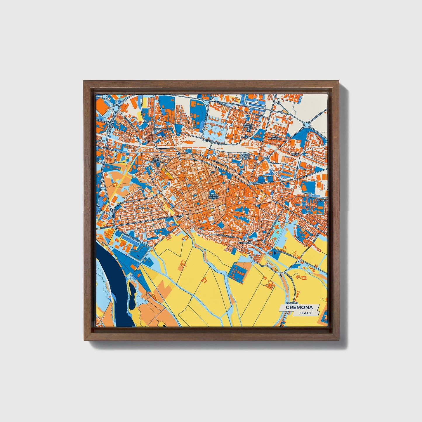 Cremona Italy Colorful City Map Canvas Print • Dark Wooden Framed