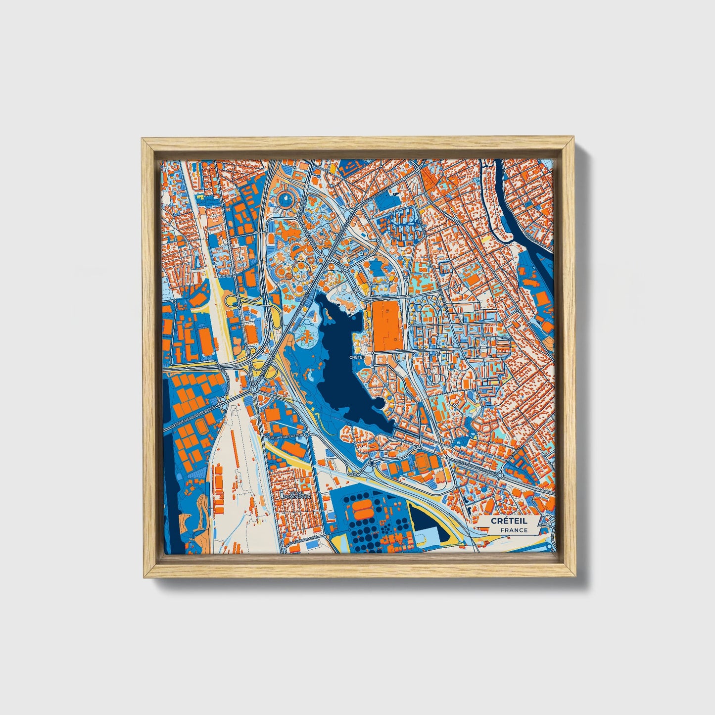 Créteil France Colorful City Map Canvas Print • Natural Wooden Framed