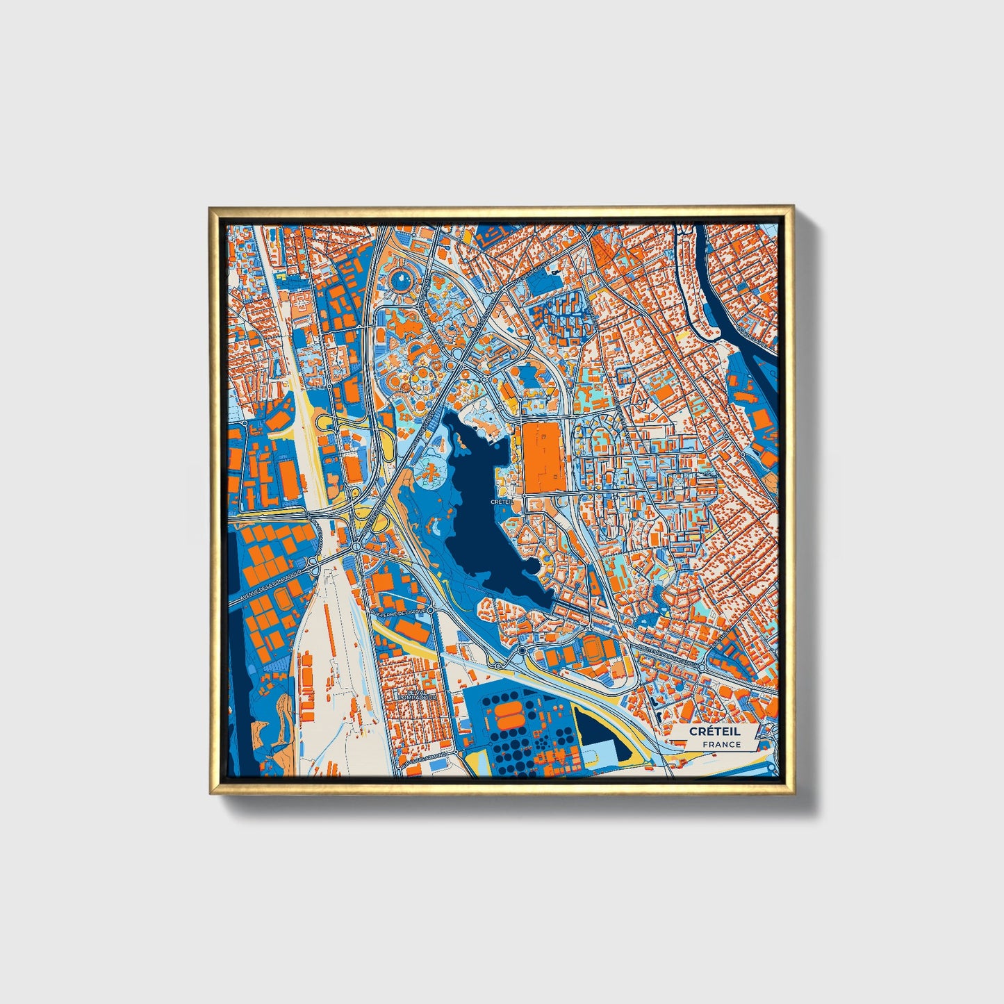 Créteil France Colorful City Map Canvas Print • Gold Framed