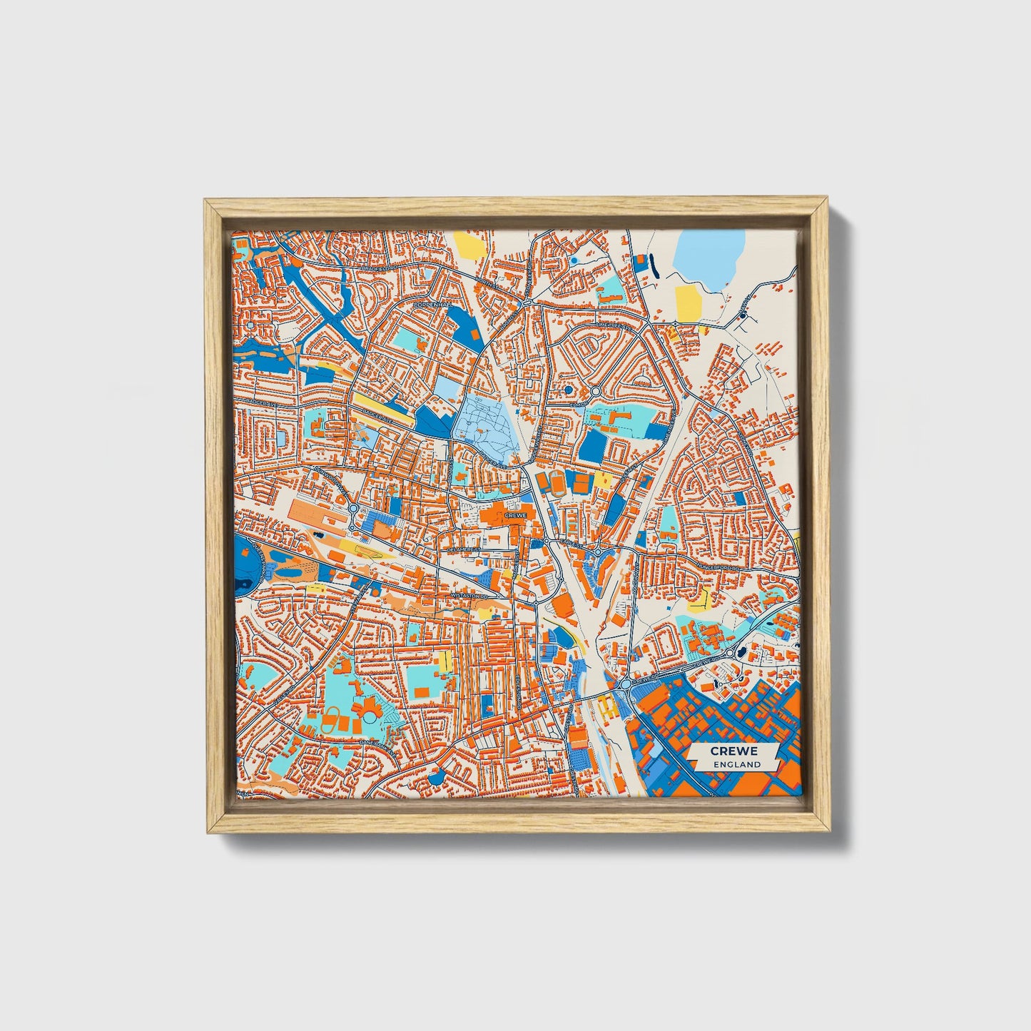 Crewe England Colorful City Map Canvas Print • Natural Wooden Framed