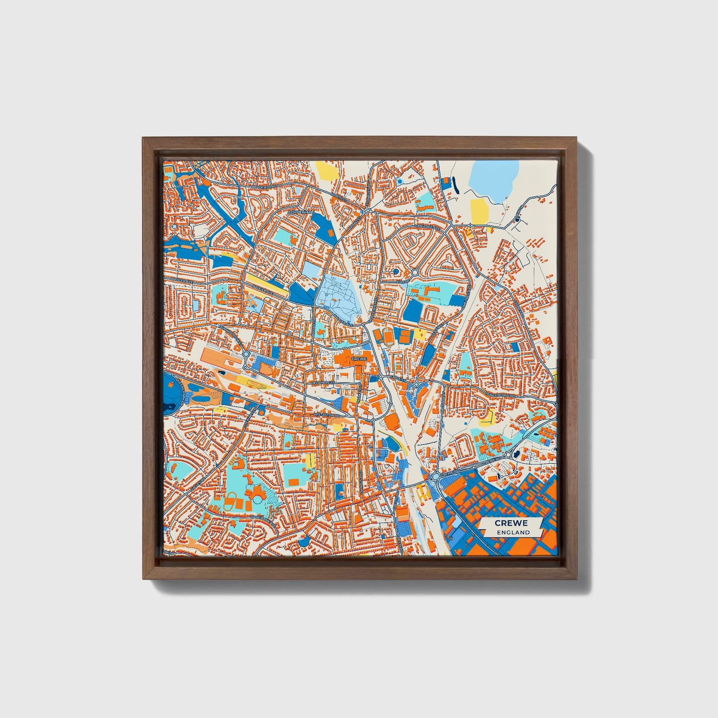 Crewe England Colorful City Map Canvas Print • Dark Wooden Framed