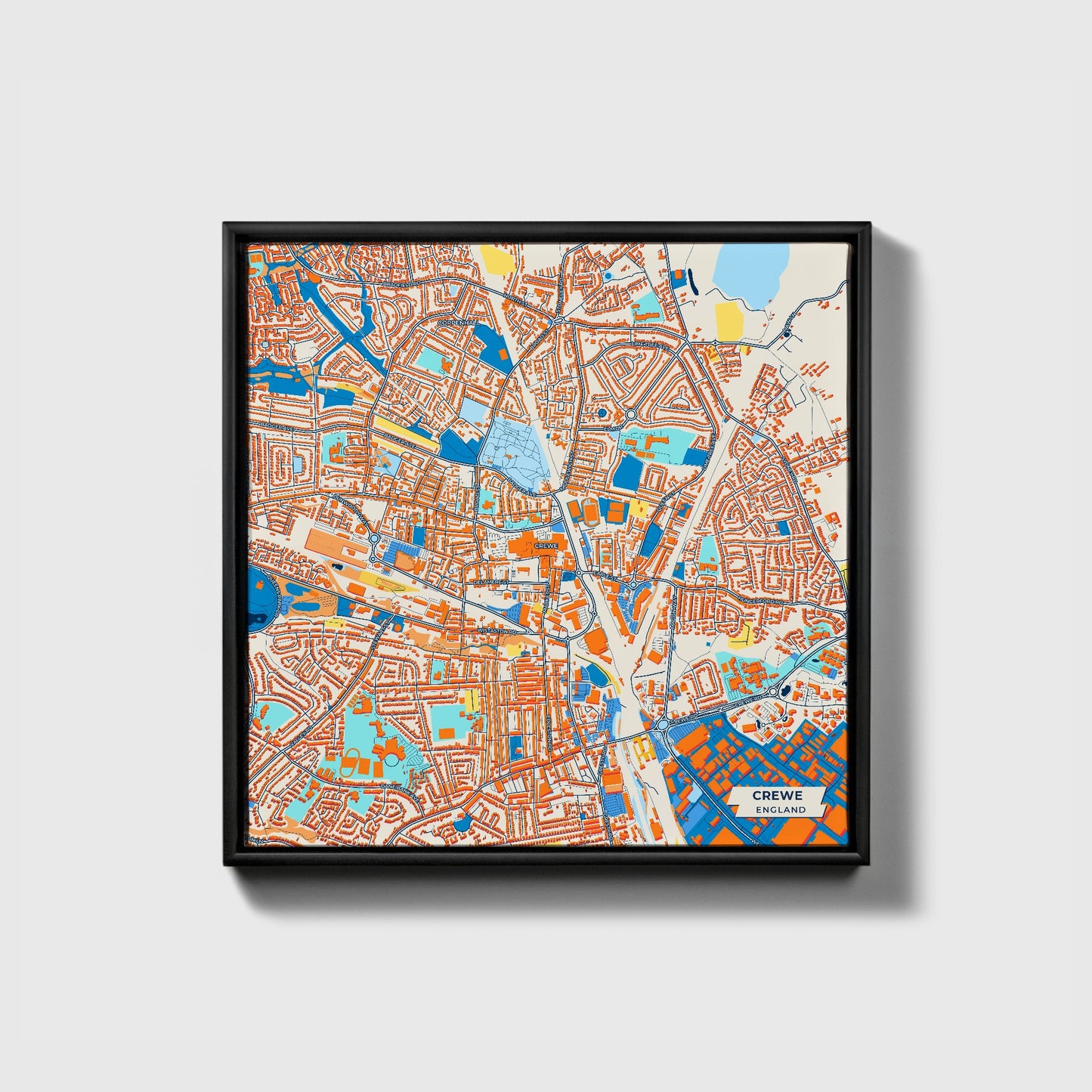 Crewe England Colorful City Map Canvas Print • Black Framed