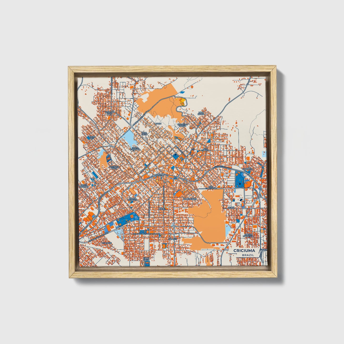 Criciuma Brazil Colorful City Map Canvas Print • Natural Wooden Framed