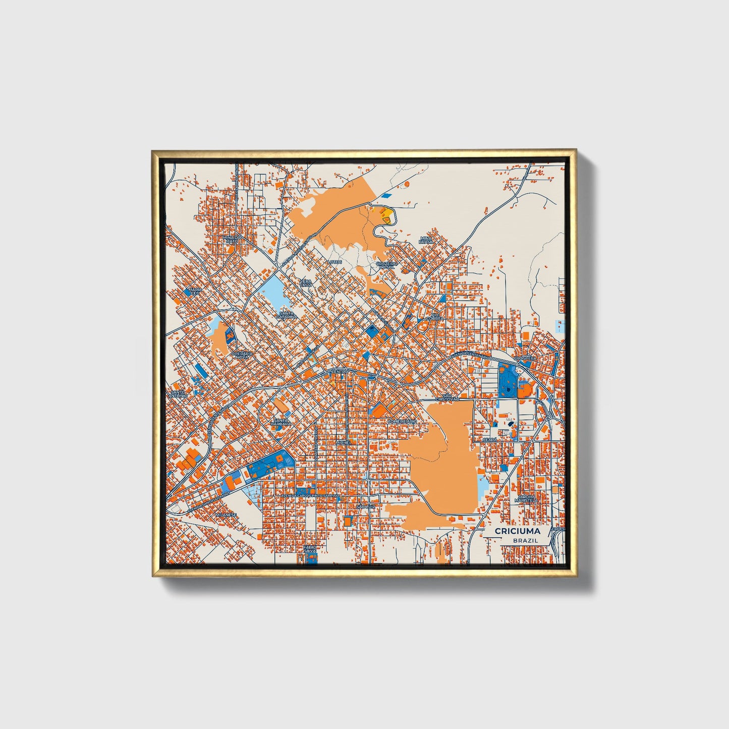 Criciuma Brazil Colorful City Map Canvas Print • Gold Framed