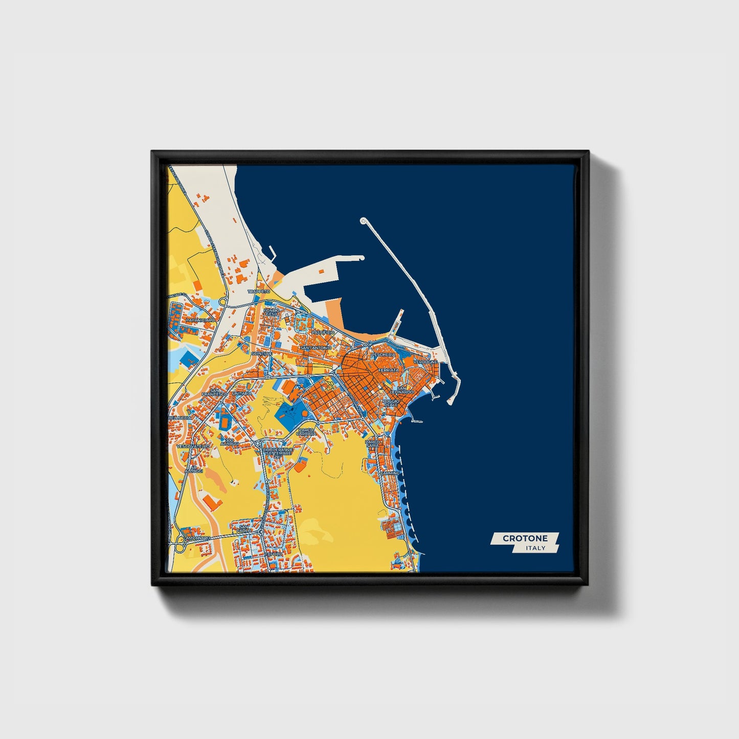 Crotone Italy Colorful City Map Canvas Print • Black Framed