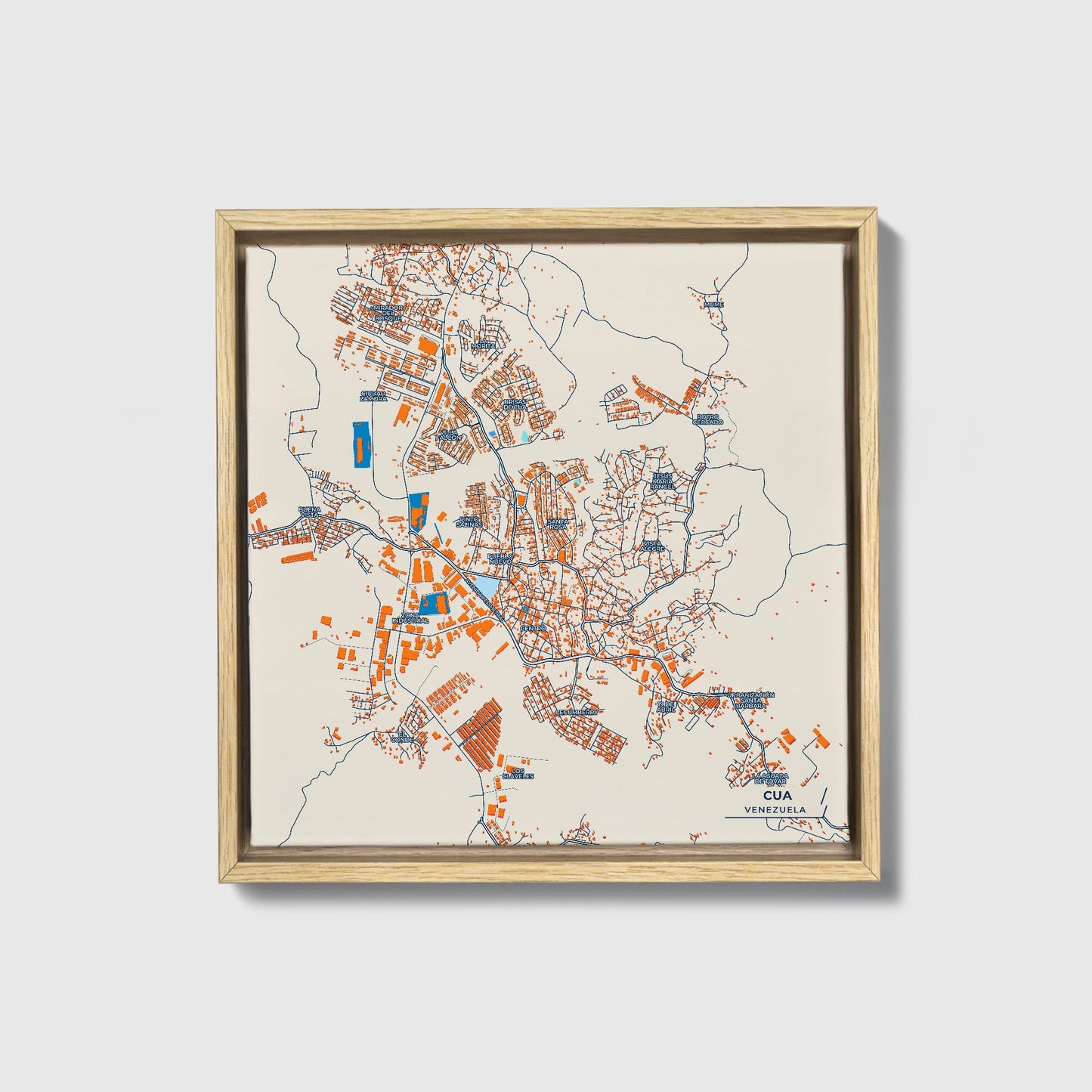 Cua Venezuela Colorful City Map Canvas Print • Natural Wooden Framed
