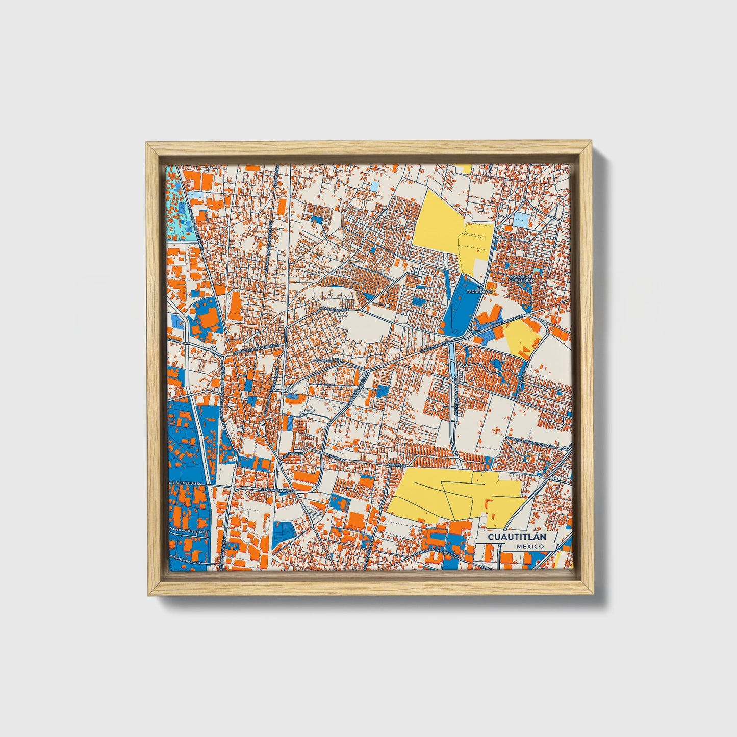 Cuautitlán Mexico Colorful City Map Canvas Print • Natural Wooden Framed
