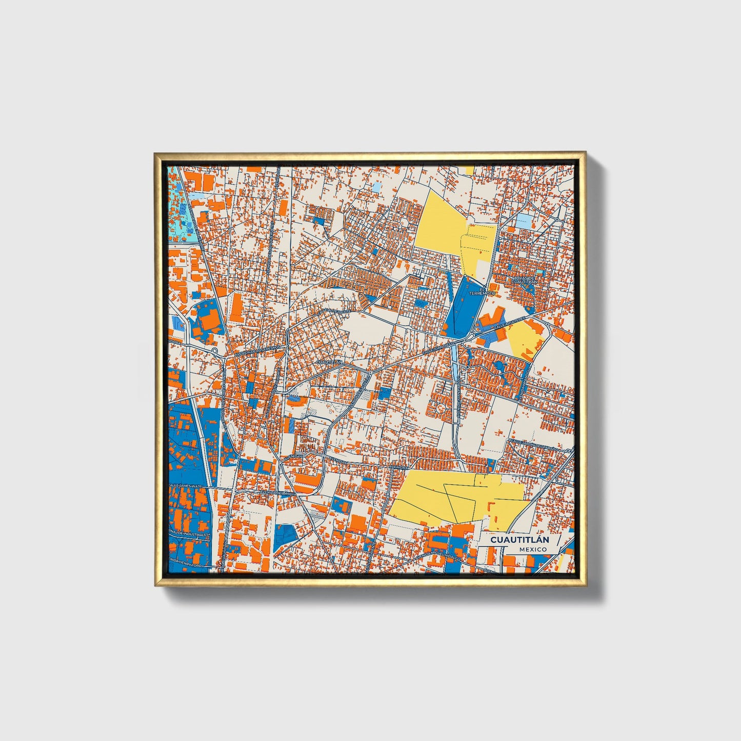 Cuautitlán Mexico Colorful City Map Canvas Print • Gold Framed