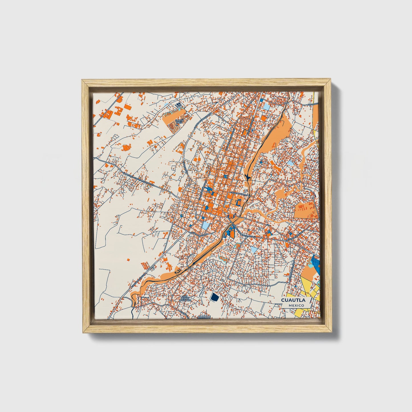Cuautla Mexico Colorful City Map Canvas Print • Natural Wooden Framed